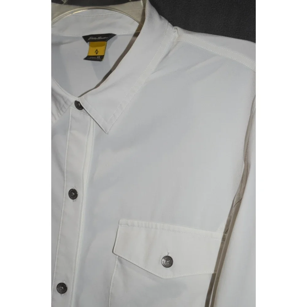Eddie Bauer XL Women Departure Shirt Ivory Roll Tab Sleeve Button Up Stretch - Picture 8 of 16